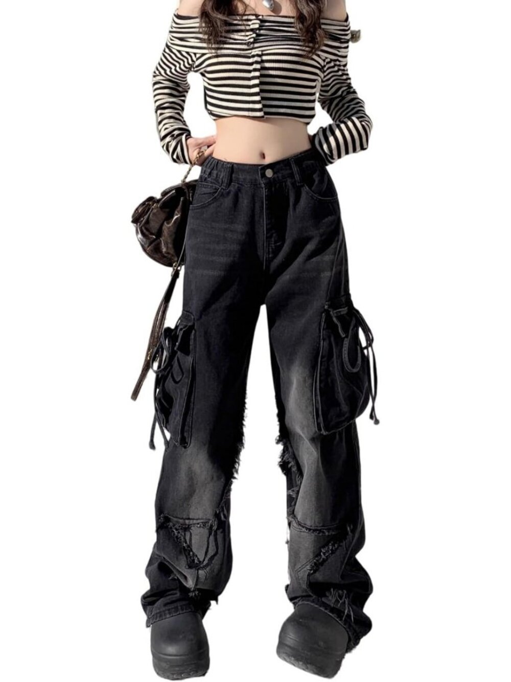 Y2K Baggy Distressed Wide Leg Jeans for Women with Butterfly & Star Patches
